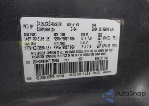 2004 Dodge Durango Slt z USA, uszkodzony, nr VIN 1D4HD48N44F185769